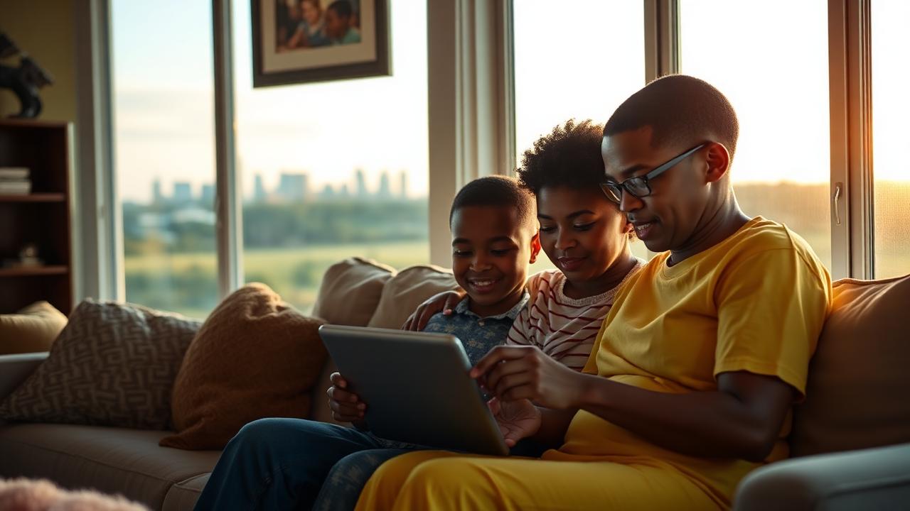 Alabama family using a free Lifeline tablet at home in 2026, with Birmingham skyline and rural Black Belt landscape in the background
