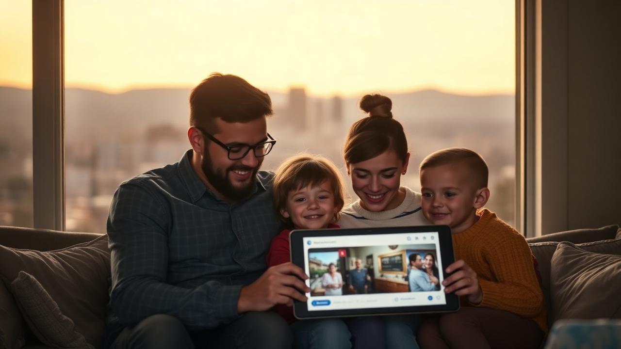 Colorado family using a free Lifeline tablet at home in 2026, with Denver skyline and Rocky Mountains in the background