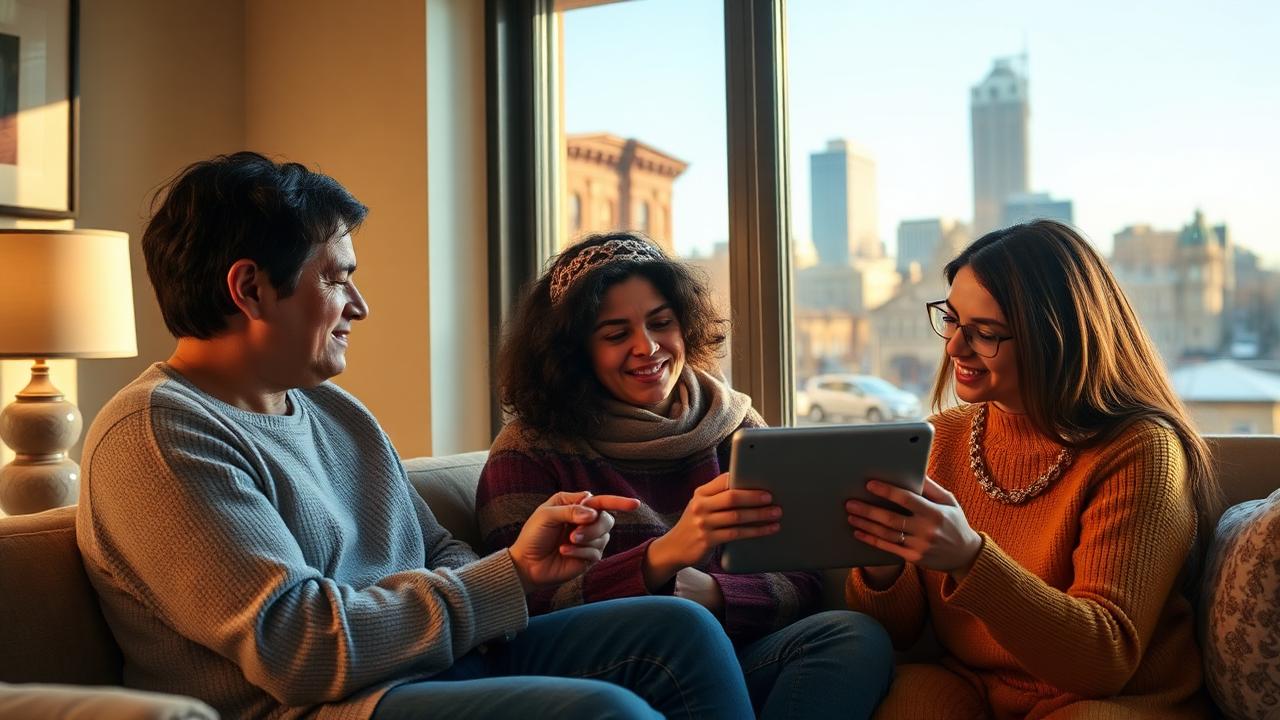 Connecticut family using a free Lifeline tablet at home in 2026, with Hartford skyline and historic New England neighborhood in the background