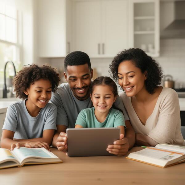 Family using a tablet together at home