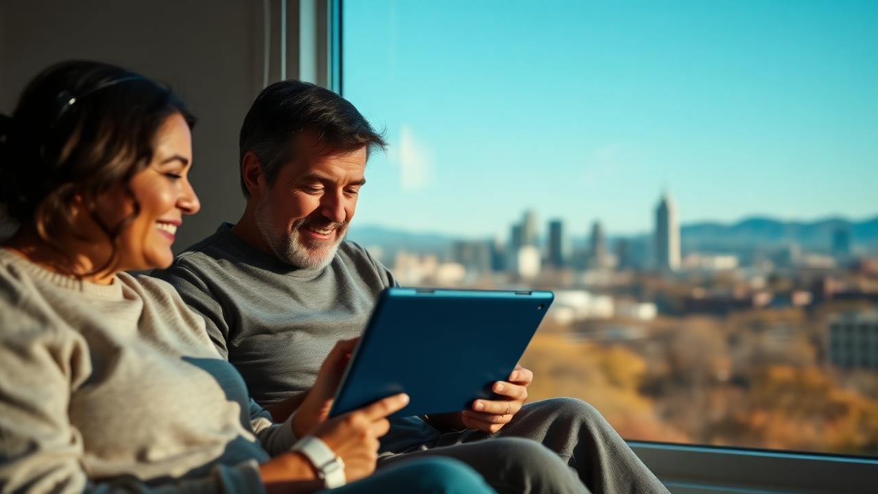 Kentucky family using a free Lifeline tablet at home in 2026, with Louisville skyline and Appalachian Eastern Kentucky landscape in the background