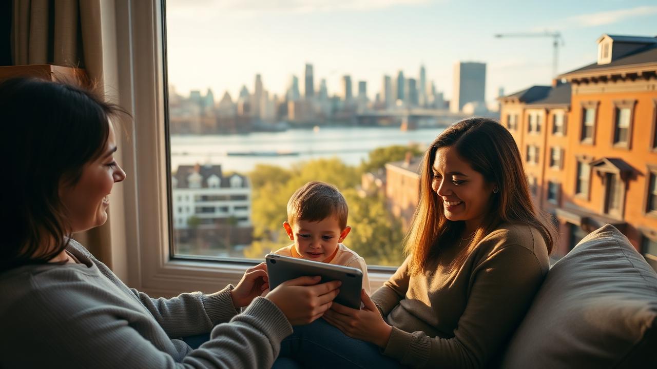 Massachusetts family using a free Lifeline tablet at home in 2026, with Boston skyline and Charles River in the background