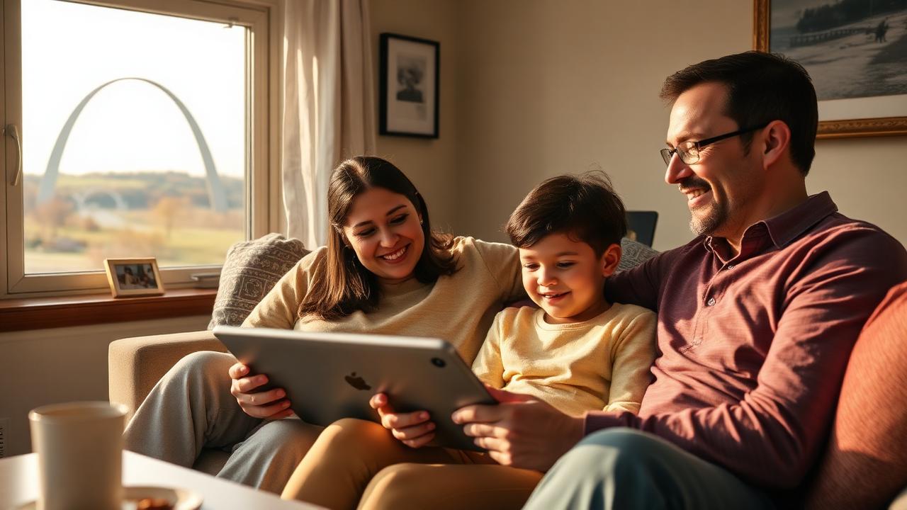 Missouri family using a free Lifeline tablet at home in 2026, with St. Louis Gateway Arch and Ozarks landscape in the background
