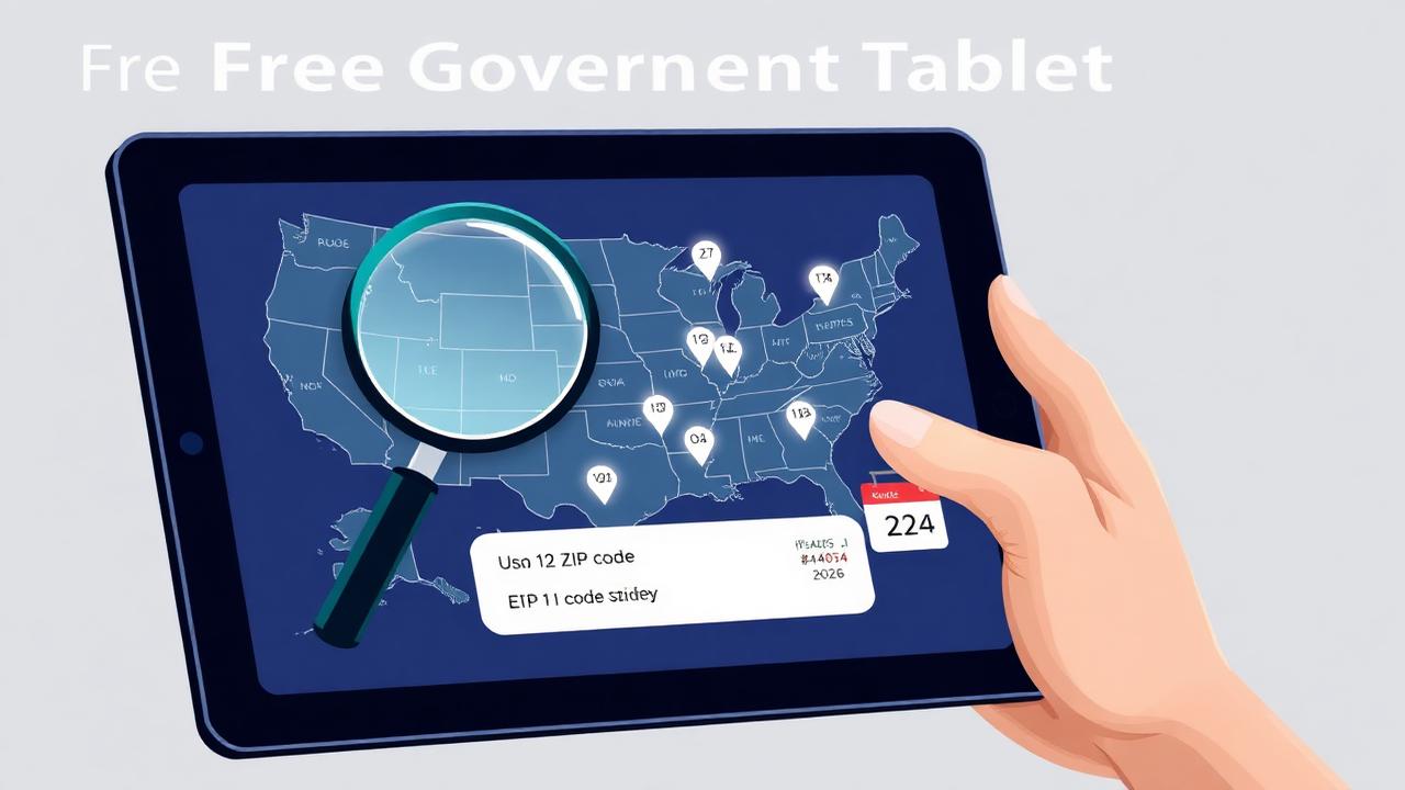 Person checking tablet provider options by ZIP code on a US map, illustrating free government tablet near me search in 2026