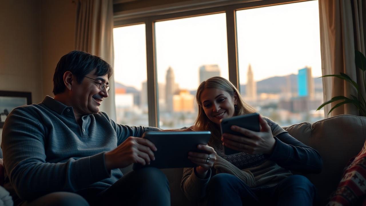 Nevada family using a free Lifeline tablet at home in 2026, with Las Vegas skyline softly visible through the window