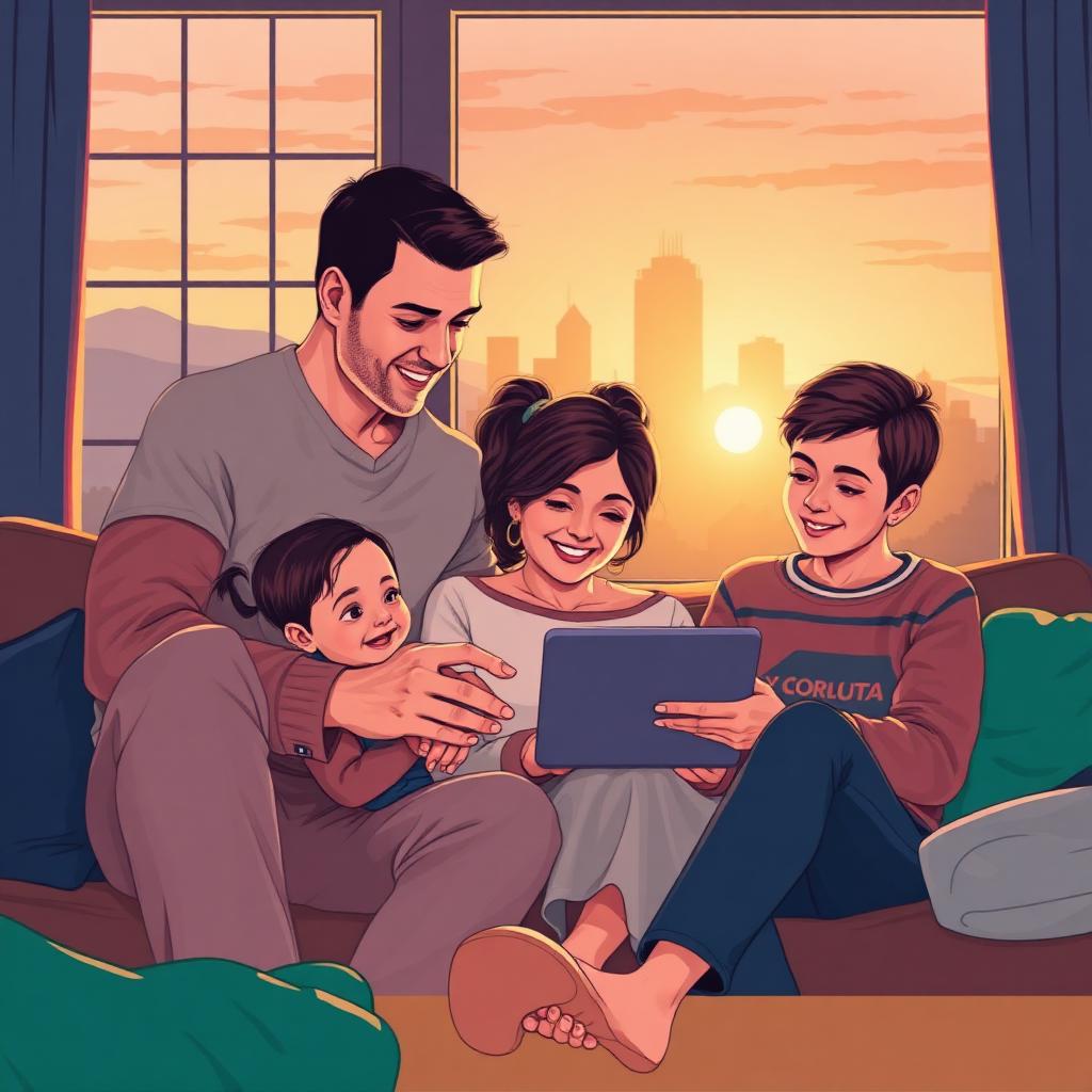 North Carolina family using a free Lifeline tablet at home in 2026, with Charlotte skyline and Blue Ridge mountains in the background