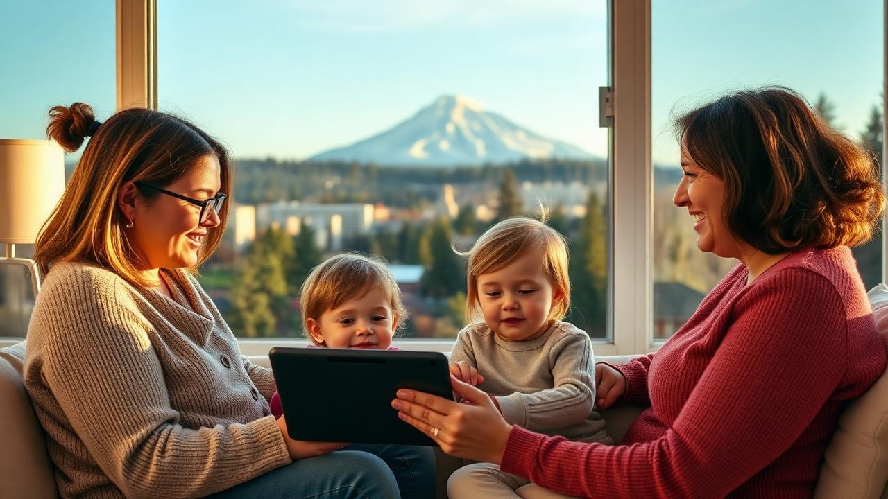 Oregon family using a free Lifeline tablet at home in 2026, with Portland skyline, Mount Hood, and Pacific Northwest evergreen forest in the background