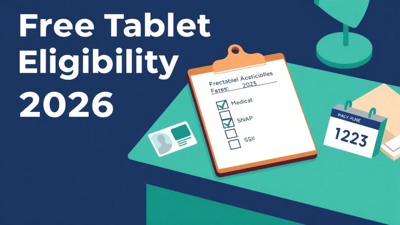 Free tablet eligibility 2026 illustration with tablet, eligibility checklist for Medicaid, SNAP, SSI, ID card, and a June 10 2026 calendar
