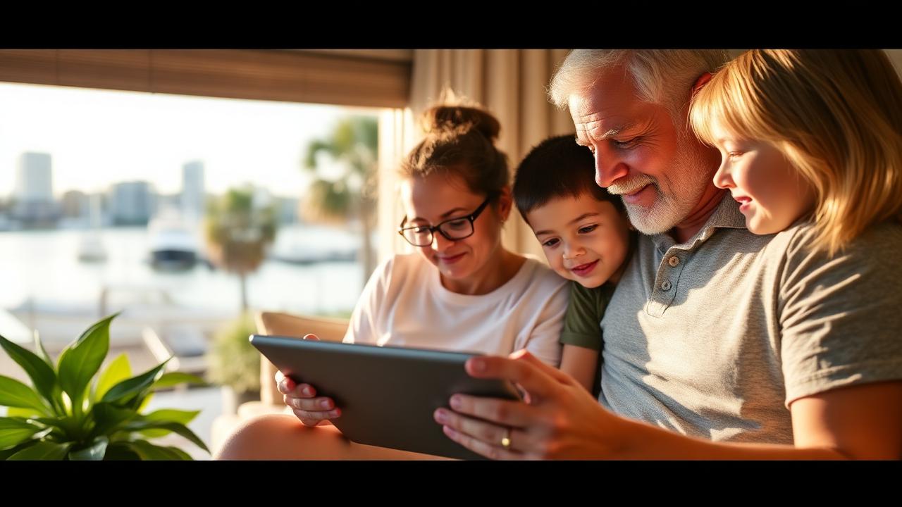 South Carolina family using a free Lifeline tablet at home in 2026, with Charleston harbor and Lowcountry palmetto trees in the background