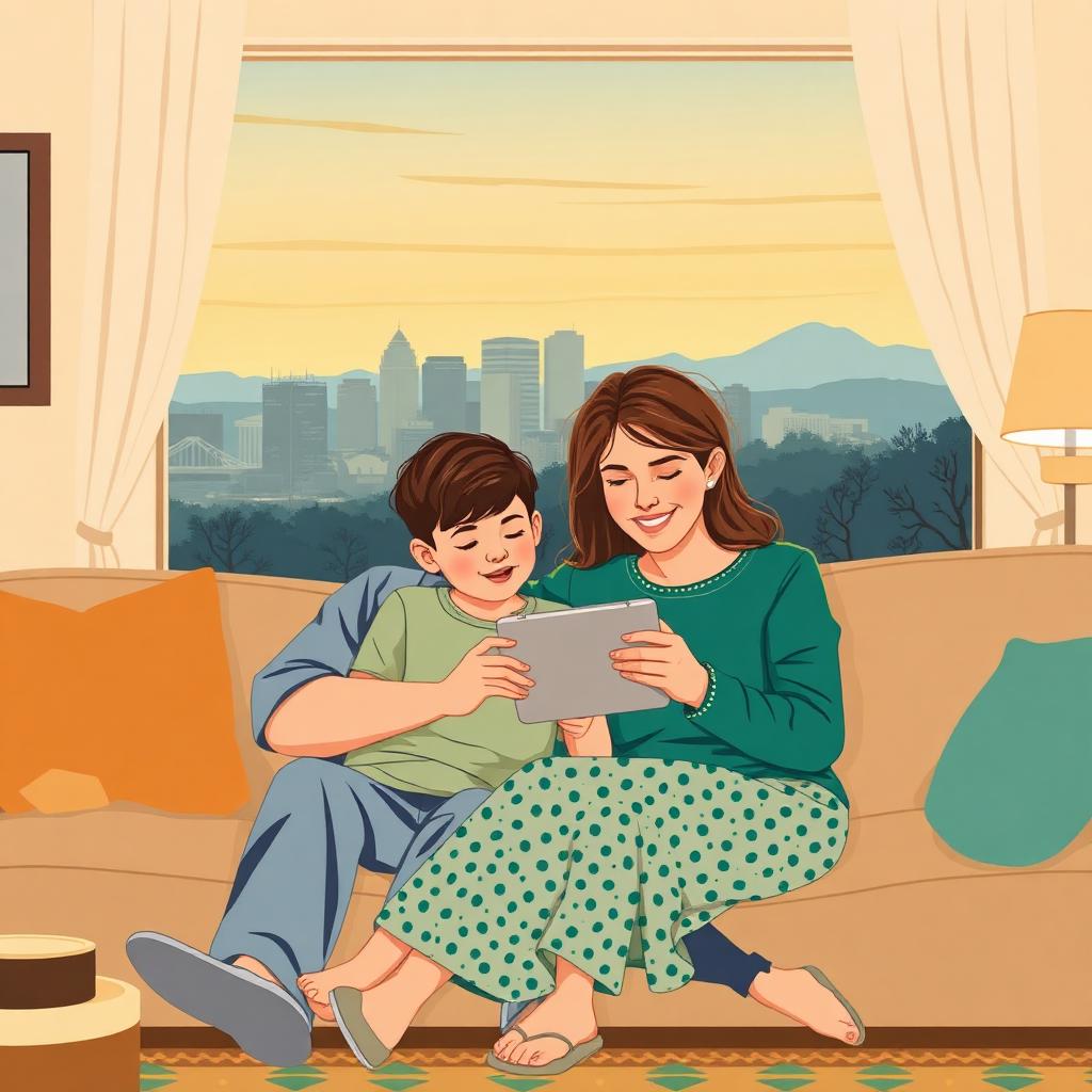 Tennessee family using a free Lifeline tablet at home in 2026, with Nashville skyline and Smoky Mountains in the background